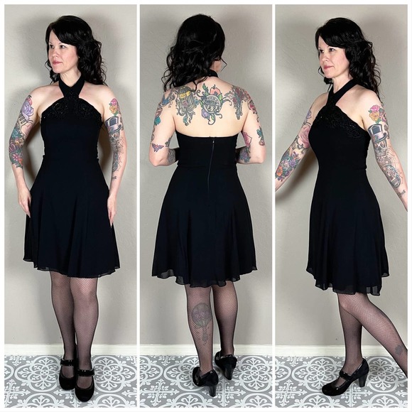 Vintage 1990s Black Halter Mini Skater Dress - Picture 3 of 8